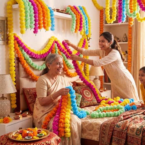 XunYee 10 Pcs 5 ft Marigold Garland for Decoration Long Strands, 5 Colors - Image 5