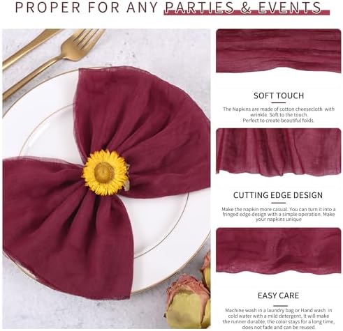 100 Pieces Cloth Napkins Burgundy Dinner Cheesecloth Napkins for Wedding,Wrinkled Cloth Napkins Bulk for Home Party Rustic Table Decoration, 17 x 17 Inch - Image 3