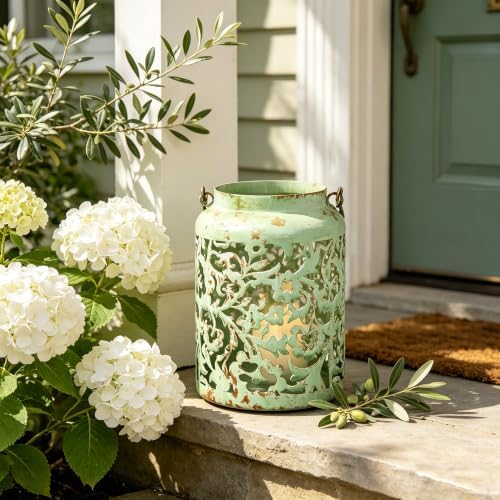 Vintage Metal Candle Lanterns with Handle Rustic Distressed Light Green Decorative Candle Holder with Floral Cut-Out Design for Home, Garden, Patio, Porch, Parties, Weddings Decor - Image 4