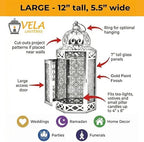 VELA LANTERNS 12" Metal Moroccan Decorative Candle Lantern Holders for Hanging or Table, Indoor Home Decor, Outdoor Patio or Porch, Weddings, Gold, Amber Glass, Large, Set of 2 - Image 4