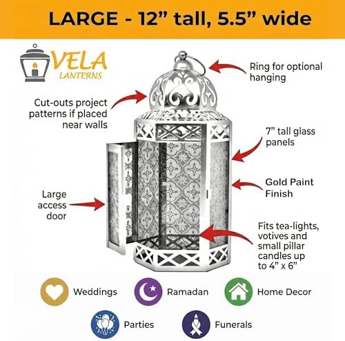 VELA LANTERNS 12" Metal Moroccan Decorative Candle Lantern Holders for Hanging or Table, Indoor Home Decor, Outdoor Patio or Porch, Weddings, Gold, Amber Glass, Large, Set of 2 - Image 4