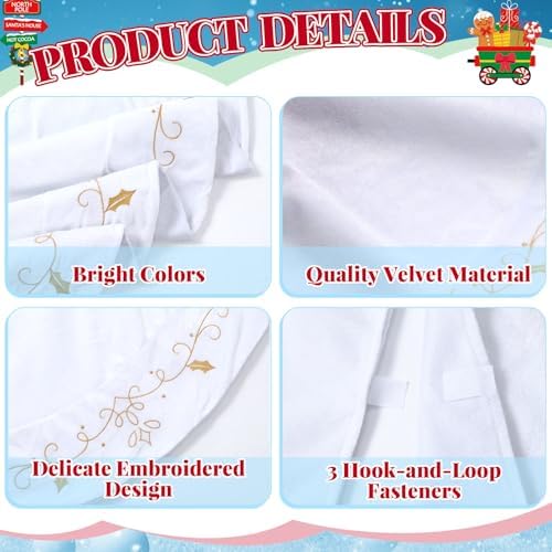 72inch Extra Large Christmas Tree Skirt White Luxury Velvet Plush Fur Skirts with Gold Embroidery Xmas Velvet Tree Skirt Holly Leaves Gold Embroidered Trees Skirt for Christmas Holiday Party Decor - Image 3