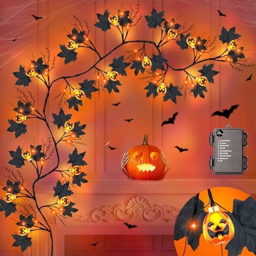 9FT 72 LED Halloween Willow Vine Twig Decor Black Halloween Garland with Pumpkin & Orange Lights, 8 Modes Waterproof Battery Operated Halloween Lights Indoor Halloween Decorations for Home Wall Table by REGTEB