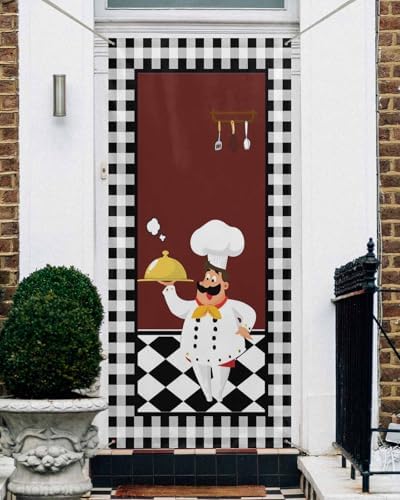 Red Kitchen Chef Door Cover Decorations, Welcome Front Door Backdrop, Black Plaid Gourmet Food Vintage Hanging Banner Sign for Holiday Party Supplies Indoor Outdoor Holiday Decor 35.4x79 Inch by Unknown