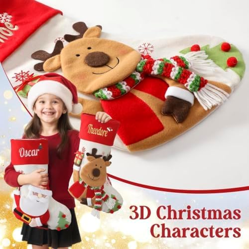 Personalized Christmas Stockings with Embroidered Name & Monogram,Custom 3D Xmas Character Stocking 5 Pack 18” Large,Santa,Snowman & Reindeer Fireplace Hanging Burlap Plaid Stockings(A) - Image 2