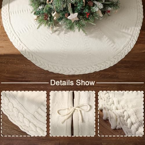 60 inch Christmas Tree Skirt: Large Tree Skirt for 9ft Tree, Braided Cable Knit Cream White Tree Skirt, Vintage Tree Skirts, Rustic Farmhouse Christmas Decorations - Image 3