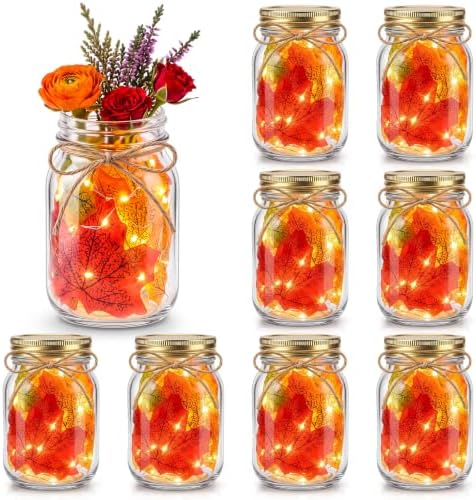 Blushtier 8 Sets Fall Table Centerpieces Thanksgiving Mason Jars Centerpiece Table Toppers Decor with LED Light Maple Leaf Autumn Gifts for Wedding Birthday Party Favors Supplies Home Office Decor by Blushtier