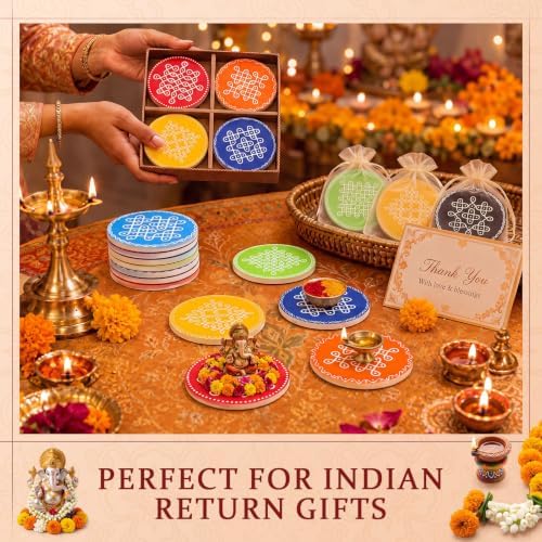 16 Pcs Indian Return Gifts Mini Kolam Ceramic Round Pooja Stand, Multicolor - Image 2