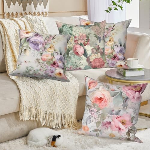 Colorful Floral Throw Pillow Covers 26''x26'' Set of 4, Vintage Flowers Pillow Cases Decorative Spring Roses Cushion Covers for Couch Sofa Bedroom Farmhouse Livingroom Garden Patio Car - Image 3