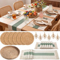 6 Sets Green Kitchen Decor,Table Setting Decor with Round Woven,Rectangular Boho,Wooden Bead Napkin Rings,Cloth Napkins,Table Runner & Storage Basket,Natural Burlap Cotton for Kitchen Dining Table by DKALIO