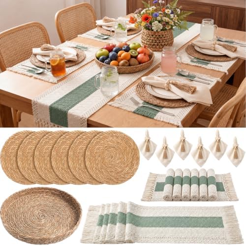 6 Sets Green Kitchen Decor,Table Setting Decor with Round Woven,Rectangular Boho,Wooden Bead Napkin Rings,Cloth Napkins,Table Runner & Storage Basket,Natural Burlap Cotton for Kitchen Dining Table by DKALIO