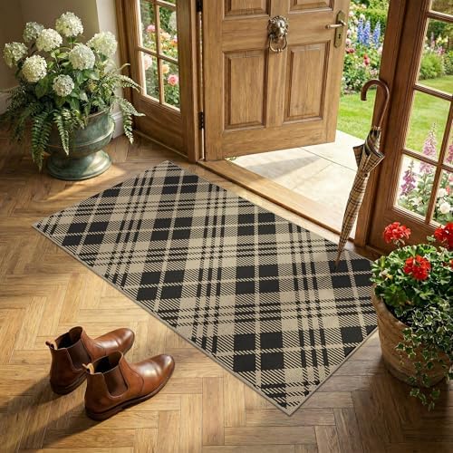 Easy Jute 2x4 Entryway Rug, Black & Beige Diagonal Plaid, Washable by JTJ