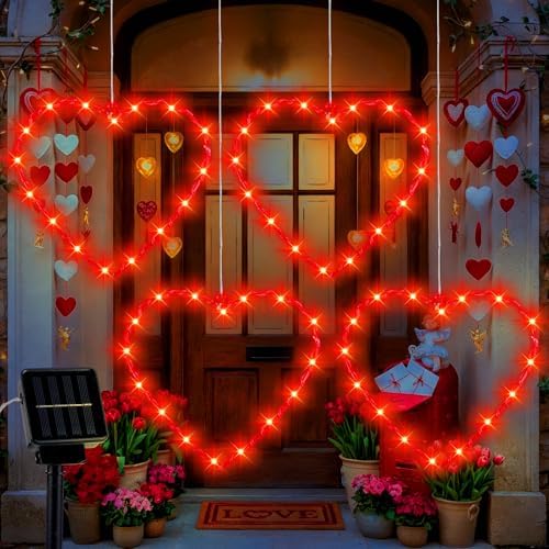 Huquary 4 Pcs Solar Valentines Decor Lights LED Red Heart-Shaped Lights with Solar Stake & 4 Hooks Indoor Outdoor Lighting Decorations for Valentine's Day Yard Garden Home Decor - Image 3