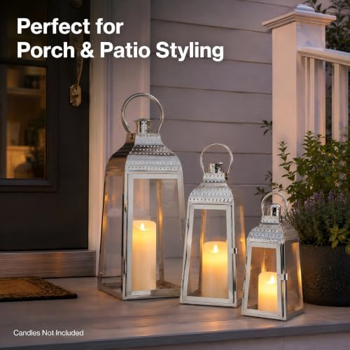 TRIROCKS Set of 3 Stainless Steel Candle Lanterns 20.5''&16''&12''H Decorative Candle Holders with Tempered Glass for Indoor Outdoor Porch Parities and Wedding(Silver) - Image 5