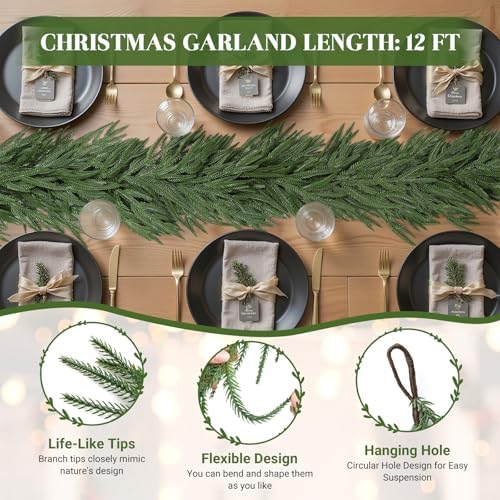 Alupssuc 12FT Christmas Garland, Artificial Real Touch Norfolk Pine Garland - Image 3