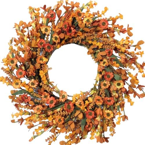 20 Inch Fall Wreath with Green Leaves and Yellow Daisies - Artificial Grains Flower Wreath for Front Door, Farmhouse Decor Indoor & Outdoor Wedding Wall Home Decor by Bibelot