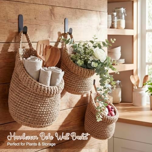 Honeydak 3 Hanging Baskets, Light Linen, Barrel, Cotton Rope - Image 4