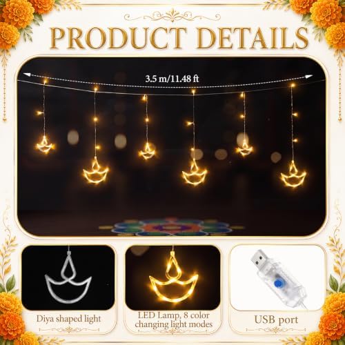 Gerrii Diwali Decorations 4 Pcs 5' Marigold Garland with 11.5' String Light - Image 3