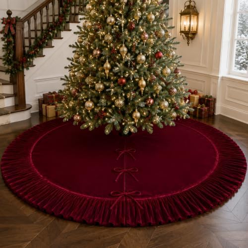 72 Inch Velvet Christmas Vintage Tree Skirt, Burgundy - Image 7
