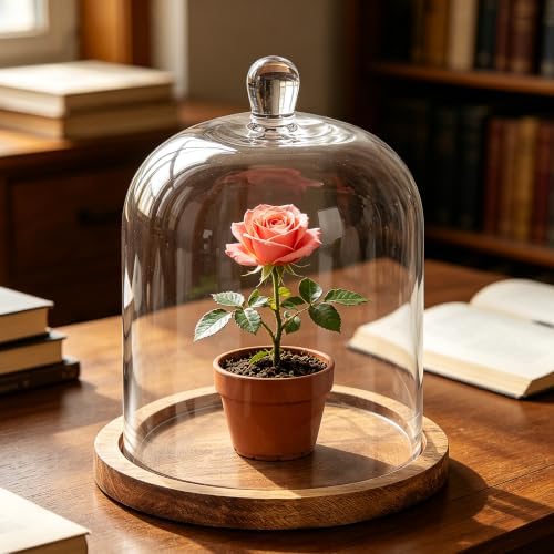8" Wide Glass Bell Cloche with Wooden Base In Vintage Natural, Clear Dome Display Cover, Decorative Terrarium Jar (Vintage Natural, 9.5"x11") - Image 5