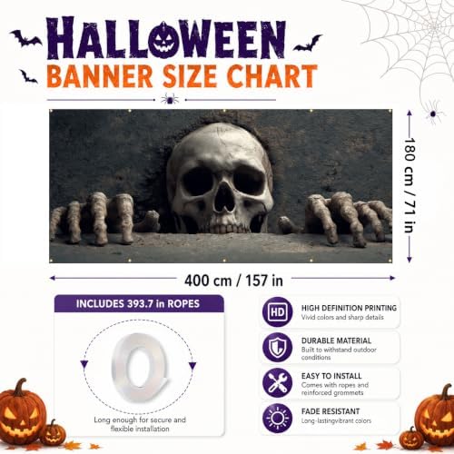Halloween Garage Door Banner 157.5x70.9in 2D Skull Breaking Wall Horror Theme Outdoor Garage Decoration with Reinforced Grommets & Rope for Yard Porch Haunted House Decor - Image 4