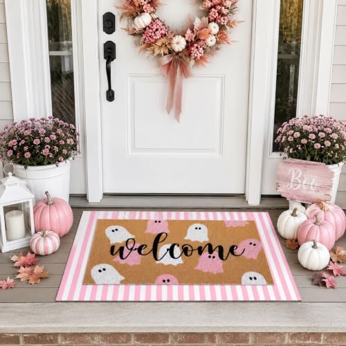 Tinideya 2 Pcs Halloween Ghost Layered Doormat Set, Pink White - Image 4