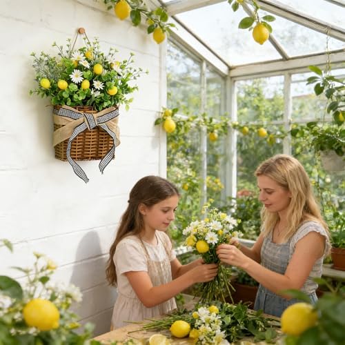 Lemon Hanger Basket Wreath for Front Door 15" Summer Basket Wreath Artificial Green Leaves with White Daisy Wreaths Baskets for Indoor Farmhouse Porch Entryway Wall Garden Home Decor - Image 7