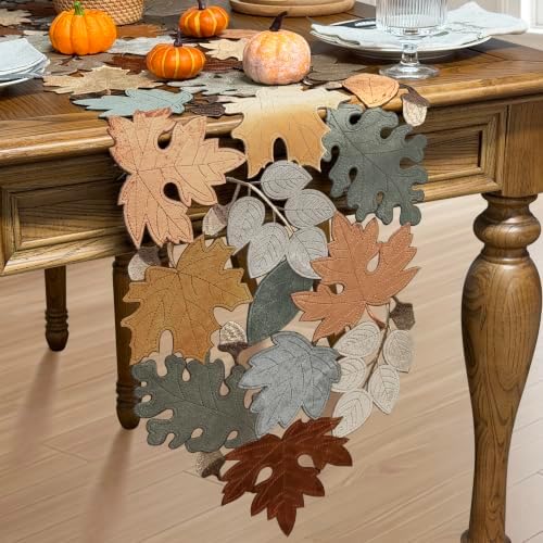 KEVA Fall Table Runner 120inches Long, Autumn Maple Leaves Velvet Table Runner 14x120 inch for Thanksgiving Kitchen Table Decoration, Harvest Embroidered Table Decoration by KEVA
