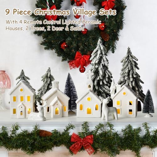 Christmas Decorations Indoor - 9 Piece Christmas Village Sets with 4 Remote Control Lighted Ceramic Houses, 2 Trees, 2 Deer & Santa - Neutral White Farmhouse Holiday Decor for Home Table Room(White) - Image 3