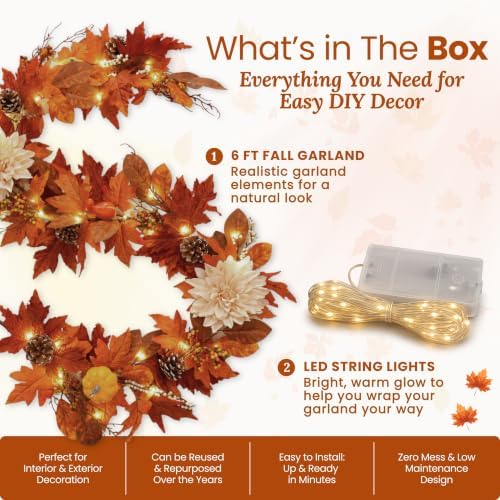 6 FT Fall Garland with Lights, Autumn Maple Leaf Garland with Pumpkins, Pine Cones and Floral Accents, Mantel Fireplace Decor for Thanksgiving, Table, Staircase and Home - Image 2