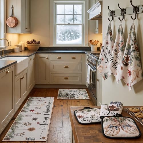 Bonuci 12 Pcs Christmas Kitchen Set Apron Table Runner Towel,Vintage - Image 5