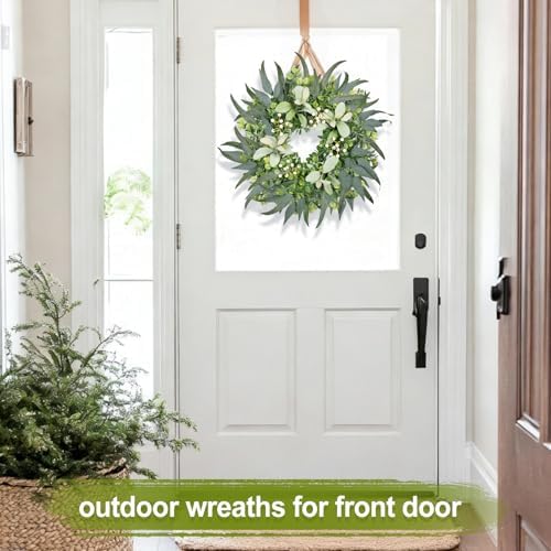 Eucalyptus Wreath 22 Inch Spring Wreath for Front Door with Lamb’s Ear White Berries Farmhouse Home Decor for Front Porch Windows Wall Indoors Outdoor Greenery Wreath for All Seasons Summer - Image 5