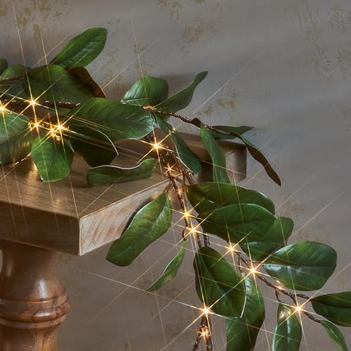 LITBLOOM Faux Magnolia Garland with Lights 6FT Battery Operated with Timer or USB Plug in, Lighted Greenery Garland with 80 Fairy Lights for Home Fireplace Mantle Holiday Decoration Inside - Image 2