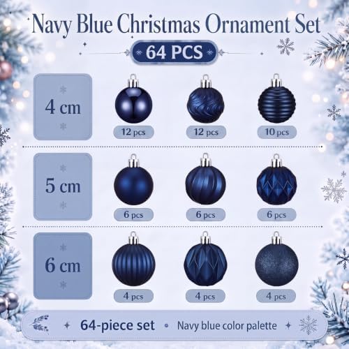 Lunmon 64 Pcs Navy Blue Christmas Ornaments Midnight Blue Xmas Tree Baubles - Image 3