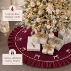 48 Inches Pearl Christmas Tree Skirt Plush Christmas Velvet Tree Skirt with Pearl Bow Burgundy Ruffle Edge Handmade Mat for Xmas Holiday Winter Party Decorations - Image 4