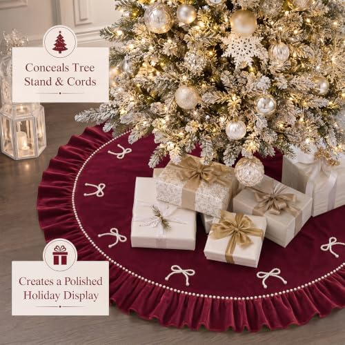 48 Inches Pearl Christmas Tree Skirt Plush Christmas Velvet Tree Skirt with Pearl Bow Burgundy Ruffle Edge Handmade Mat for Xmas Holiday Winter Party Decorations - Image 4