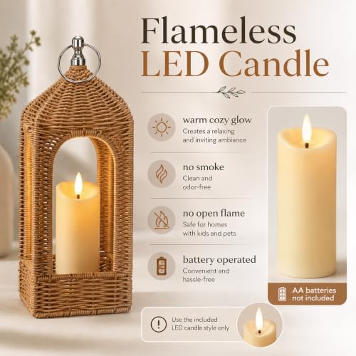 11.8 Inch Natural Rattan Decorative Lantern with LED Flameless Candle - Image 2