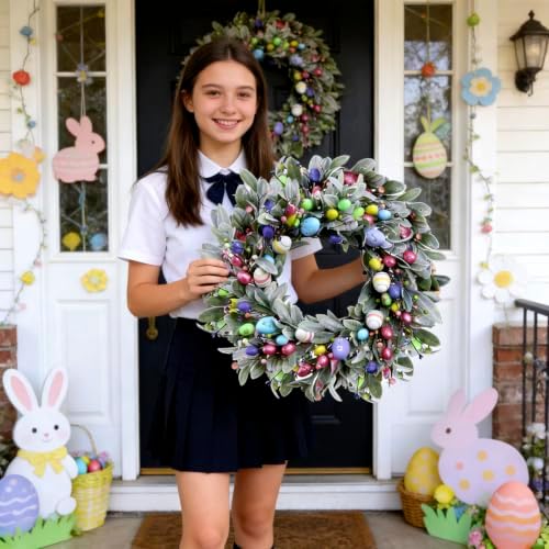 22'' Easter Wreaths for Front Door, Spring Door Wreath with Pastel Eggs, Glitter Eggs, Berries & Silk Lambs Ear Leaves, Artificial Easter Decor Garland for Indoor Outdoor Porch Wall Home Decorations - Image 2