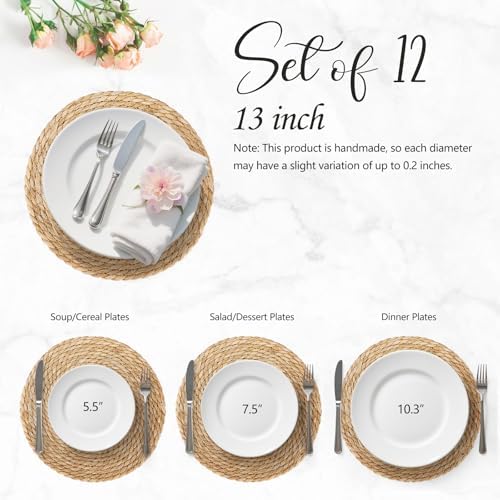 13" Round Placemats Set of 12, Rattan Place Mats for Dining Table Decor, Rustic Woven Wicker Chargers for Dinner Plates, Outdoor Patio, Farmhouse Wedding, Boho Water Hyacinth Braided Placemat - Image 3