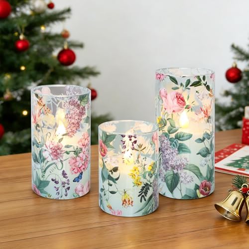 Floral Flameless Candles with Remote Timer, Pink Rose and Lilac Pattern LED Glass Candles, Battery Operated for Home Party Wedding Christmas Spring Valentine's Day Decor, Set of 3 - Image 4