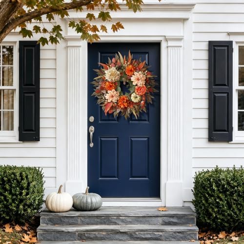 24"Artificial Silk Hydrangea Flower Dahlia Fall Wreath for Front Door Decor - Image 3