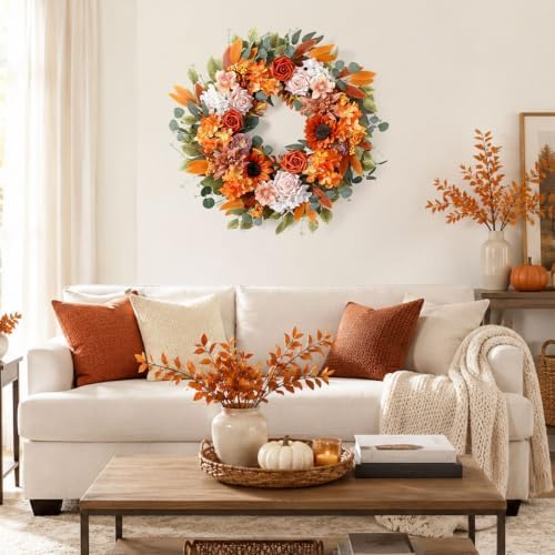 24 Inch Fall Wreaths for Front Door with Sunflowers Roses Autumn Home Decor - Image 5