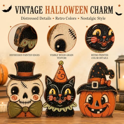 Vintage Halloween Decorations, Wooden Shelf Decor for Tabletop & Desk - Image 4