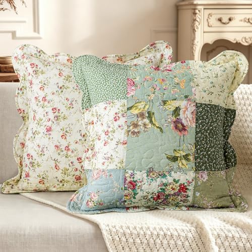 vctops Set of 2 Patchwork Cotton Quilted Decorative Square Throw Pillow Covers with Scalloped Floral Pattern Soft Cushion Case for Couch Sofa Bed (Green B,18"x18") - Image 2