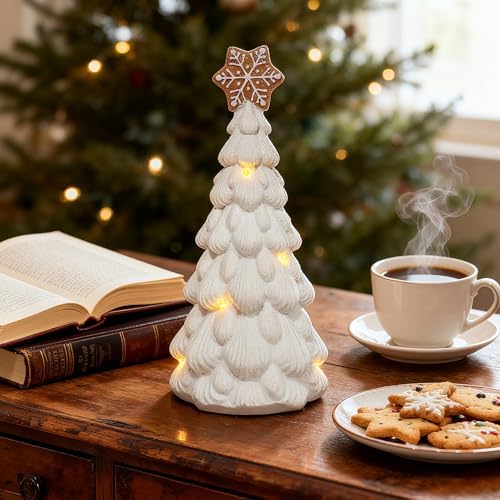 Cynkeyee Christmas Decorations Tree Tabletop Centerpieces - White Resin Trees Figurines for Xmas Decor Sparkling Centerpieces for Table Decorations for Woman Home Accent 7.5x7.5x12.5 Inch - Image 6