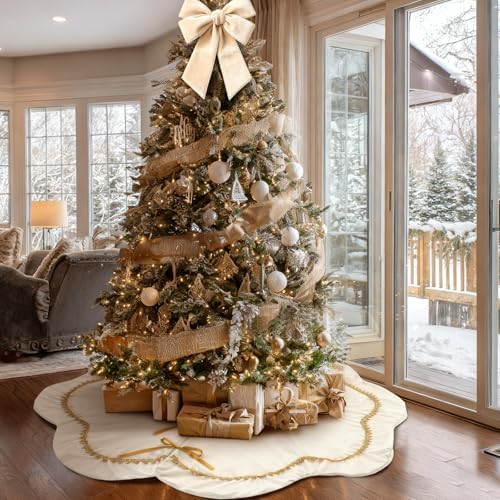 Arrowbash Ivory 48 Inch Christmas Tree Skirt Velvet Scallop Ddge - Image 4