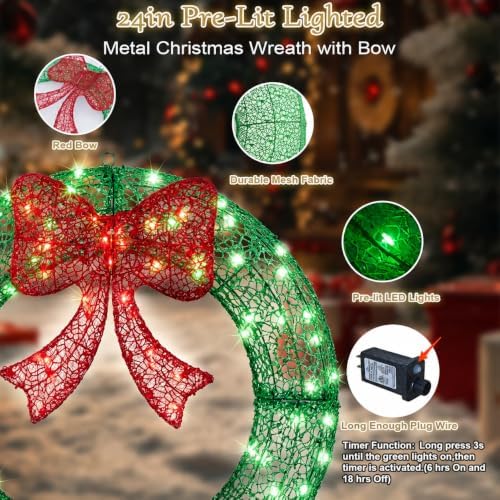 24 in Pre-Lit Christmas Wreath with 6H On/18H Off Timer - Image 2