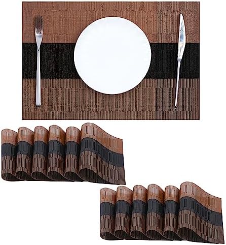 Leetaltree Brown with Black Striped Placemats Set of 12 - Heat Resistant Non-Slip Place mats for Dining Table, Washable Durable PVC Vinyl Woven Table Mats（Brown Stripe, 12） by Leetaltree-ArtatEveryTable