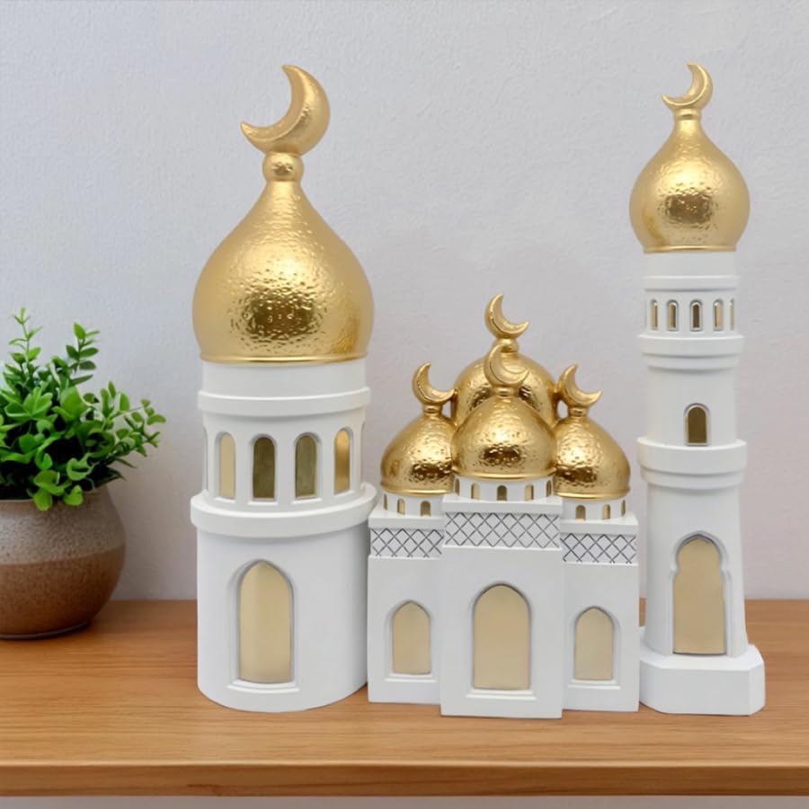 Islamic Decor Resin Mosque Models with Crescent Moon Statues,Gold and White - Image 2