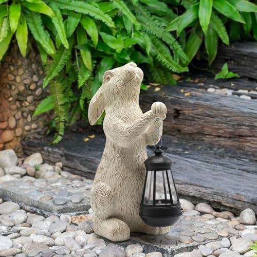 Garden Statues Rabbit with Solar Lights- Bunny Figurine Outdoor Rabbit Fall Decor for Home Lawn,Balcony-Yard Art Garden&Patio Whimsical Decor,Unique Housewarming&Birthday Gifts for Women Mom - Image 3
